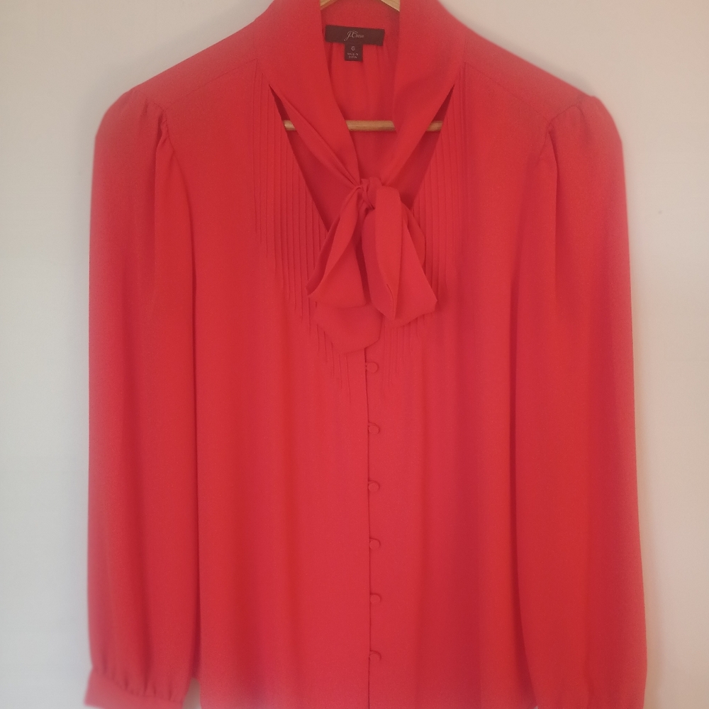 J Crew Dark Orange Long Sleeve Blouse With Front tie Size 6